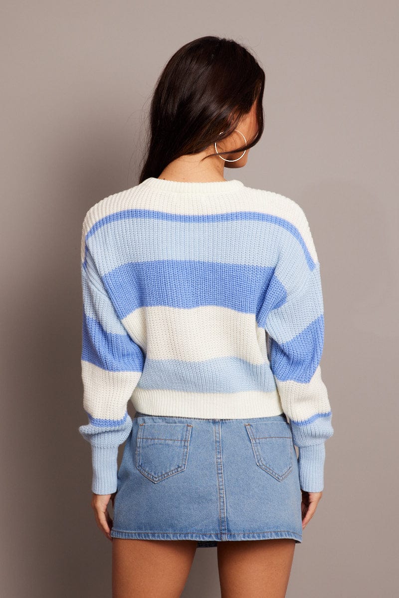 Blue Stripe Knit Jumper Long Sleeve Color Block for Ally Fashion