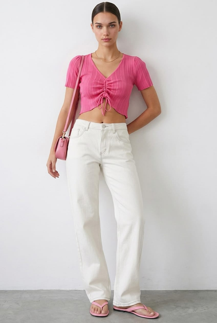 Pink Short Sleeve Ruched Knit Top