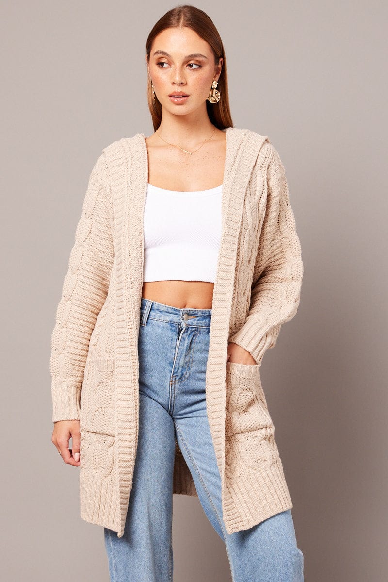 Beige Longline Cardigan Long Sleeve Hooded Cable Knit for Ally Fashion