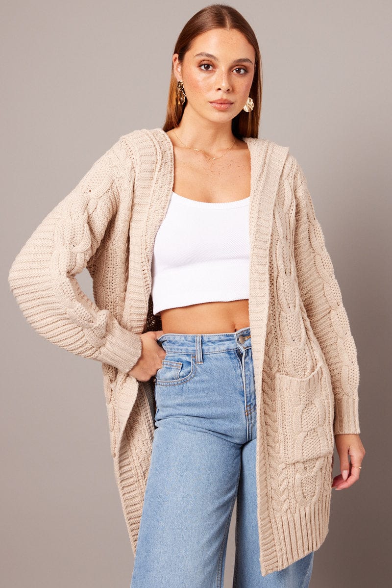 Beige Longline Cardigan Long Sleeve Hooded Cable Knit for Ally Fashion