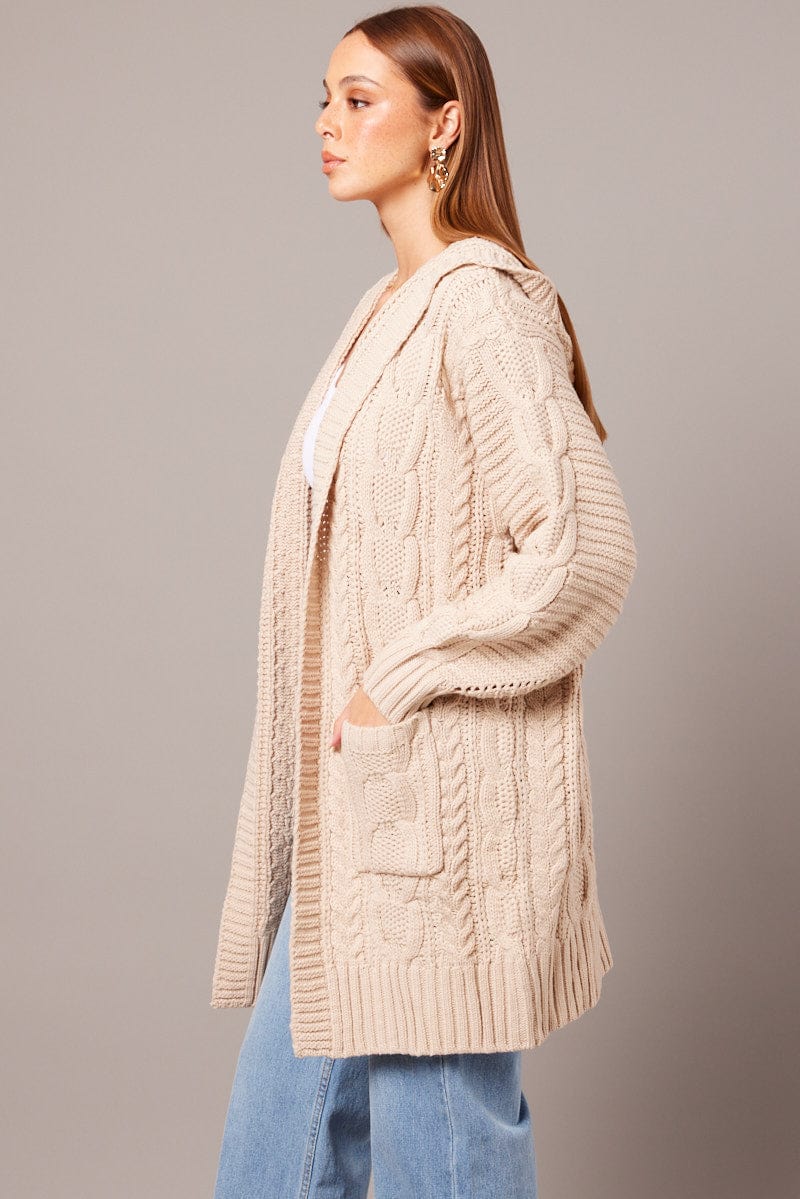 Beige Longline Cardigan Long Sleeve Hooded Cable Knit for Ally Fashion