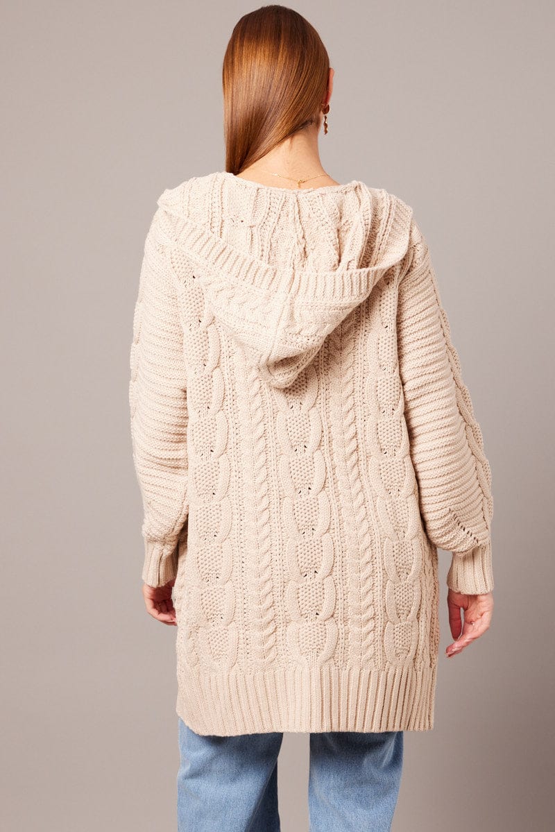 Beige Longline Cardigan Long Sleeve Hooded Cable Knit for Ally Fashion