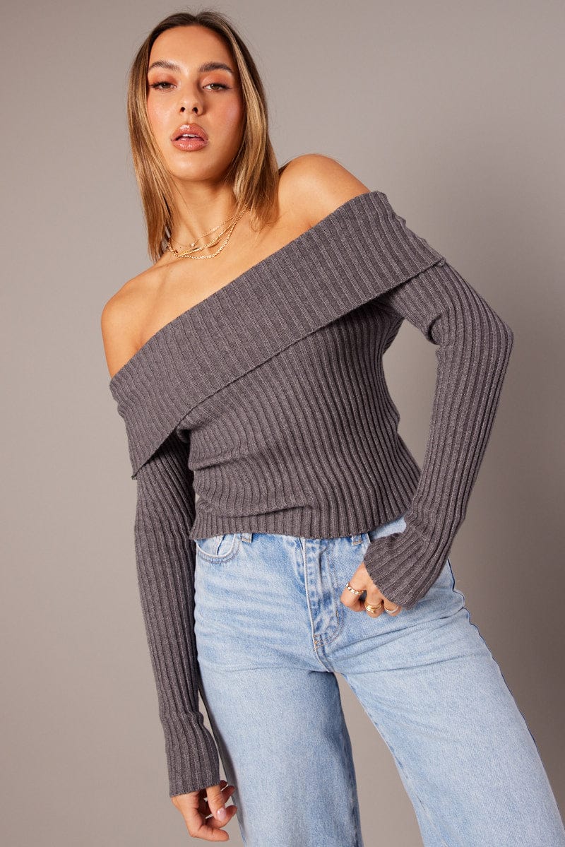 Grey Knit Top Long Sleeve for Ally Fashion