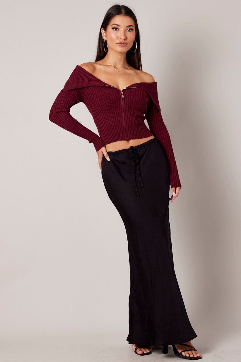 Red Off Shoulder Knit Top Long Sleeve for Ally Fashion