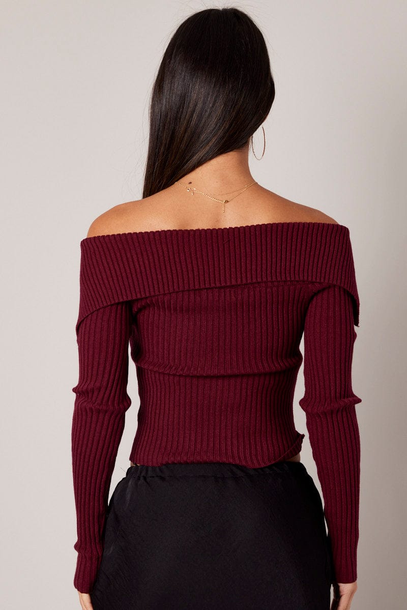 Red Off Shoulder Knit Top Long Sleeve for Ally Fashion