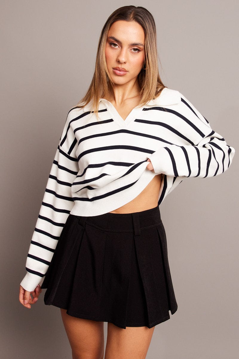 Blue Stripe Knit Top Long Sleeve Collar for Ally Fashion