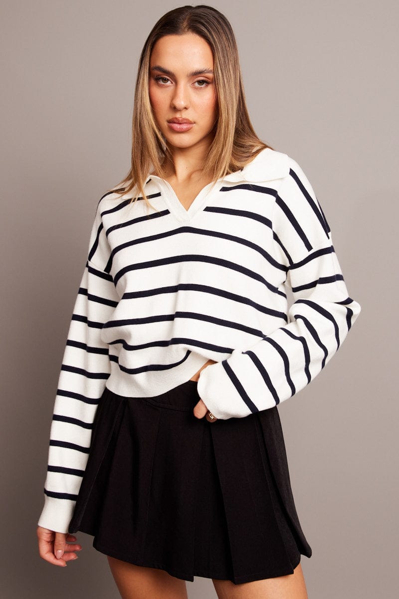 Blue Stripe Knit Top Long Sleeve Collar for Ally Fashion