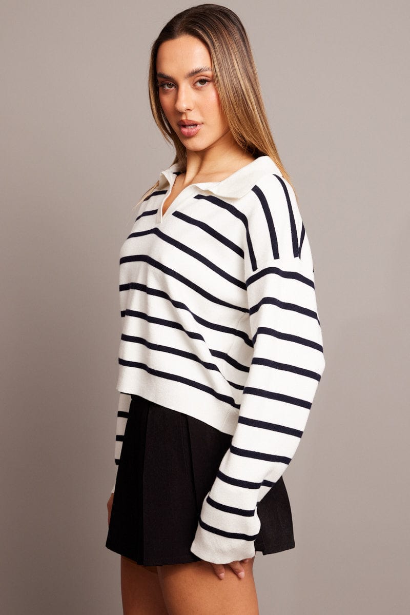 Blue Stripe Knit Top Long Sleeve Collar for Ally Fashion