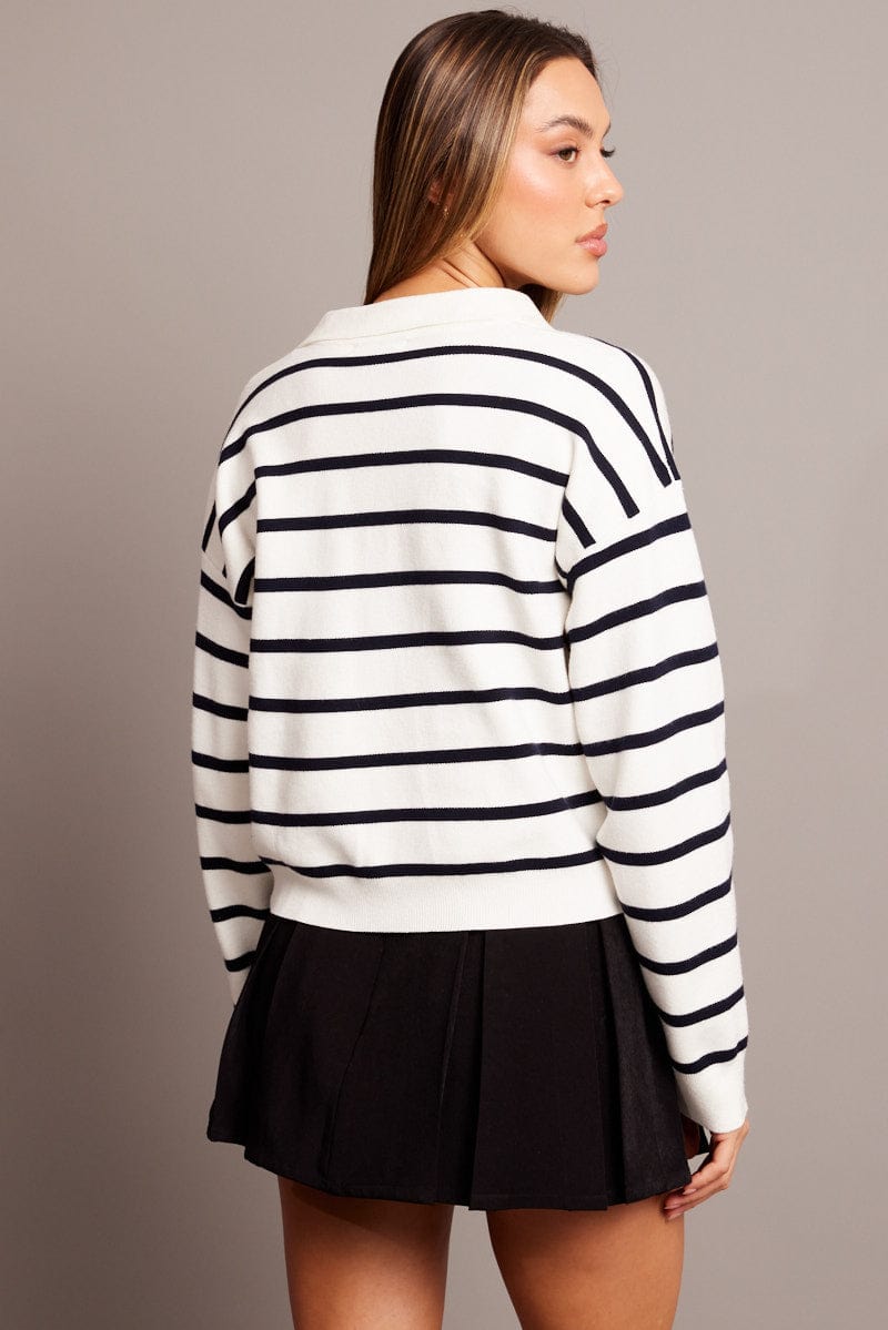 Blue Stripe Knit Top Long Sleeve Collar for Ally Fashion