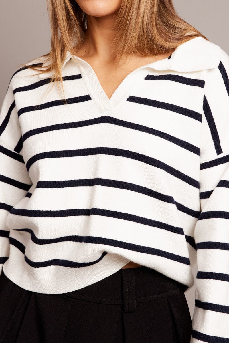 Blue Stripe Knit Top Long Sleeve Collar for Ally Fashion