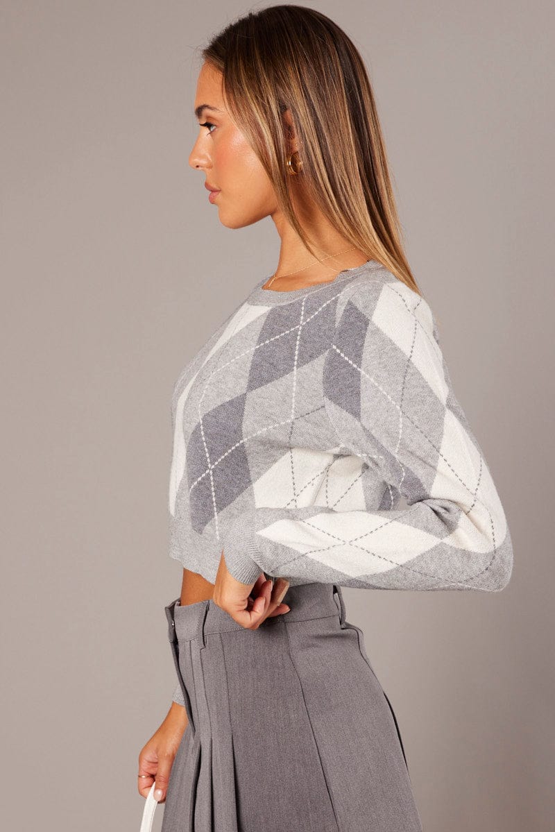 Grey Check Knit Jumper Long Sleeve Argyle for Ally Fashion