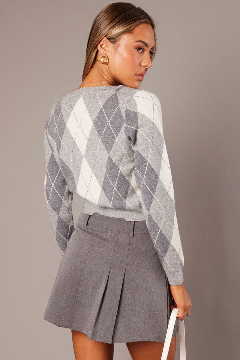 Grey Check Knit Jumper Long Sleeve Argyle for Ally Fashion