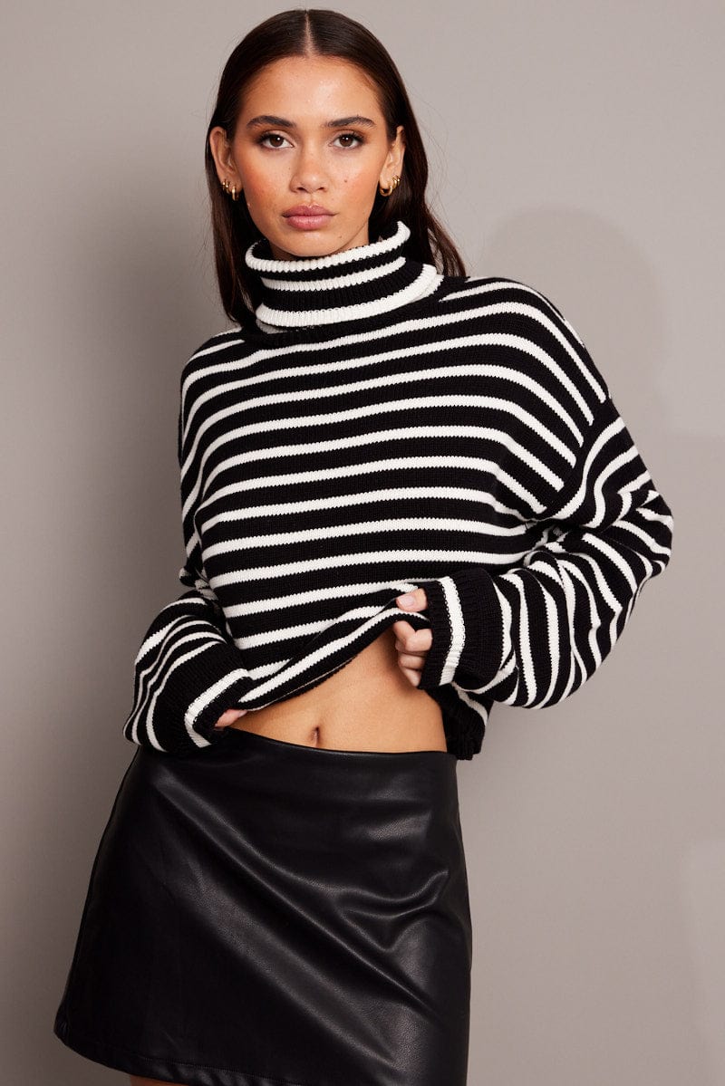 Black Stripe Knit Top Long Sleeve High Neck for Ally Fashion