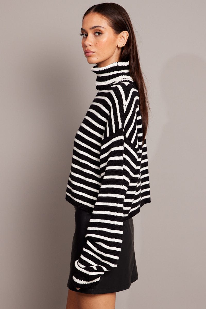 Black Stripe Knit Top Long Sleeve High Neck for Ally Fashion