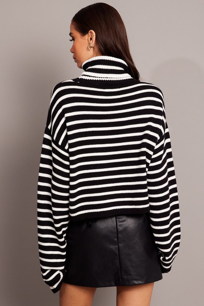 Black Stripe Knit Top Long Sleeve High Neck for Ally Fashion