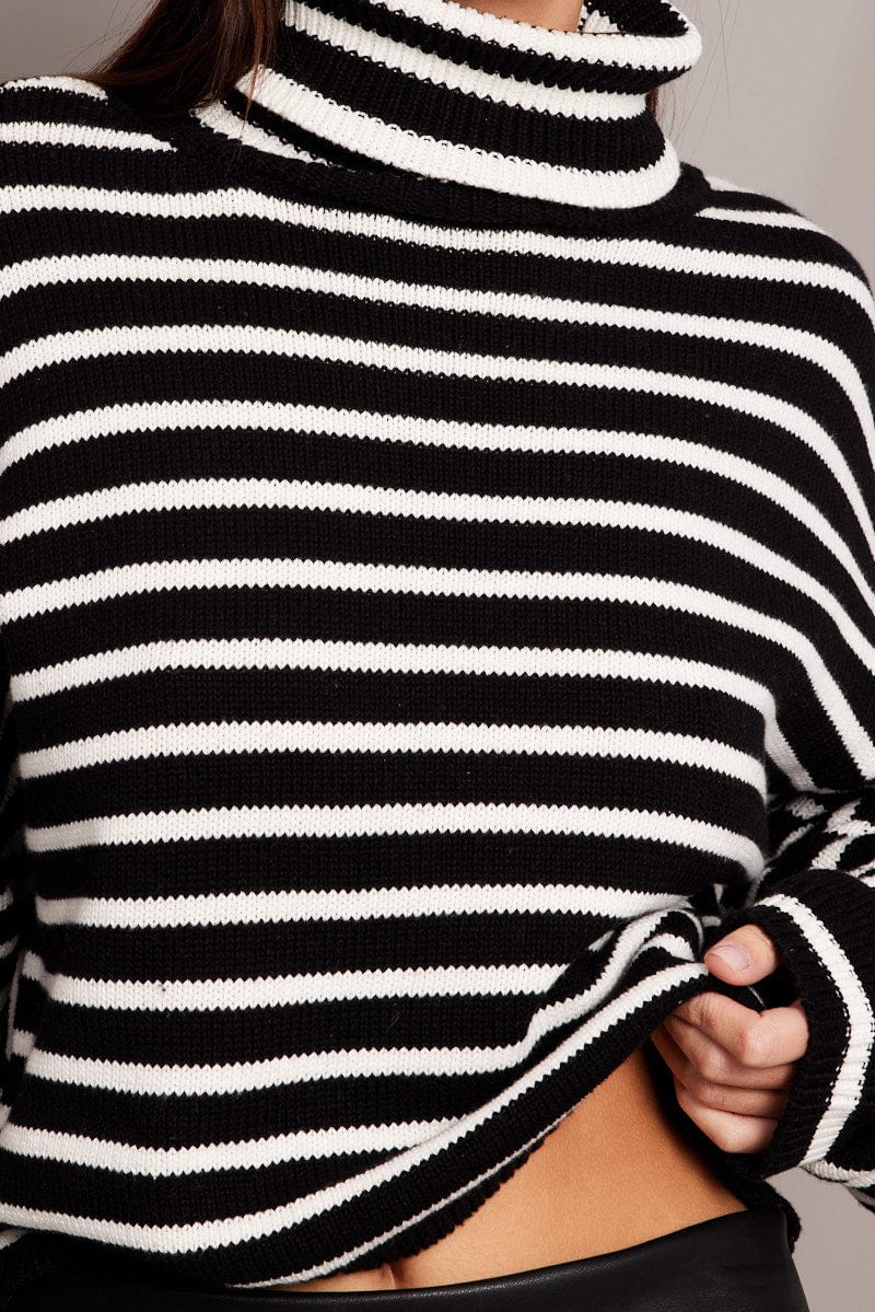 Black Stripe Knit Top Long Sleeve High Neck for Ally Fashion