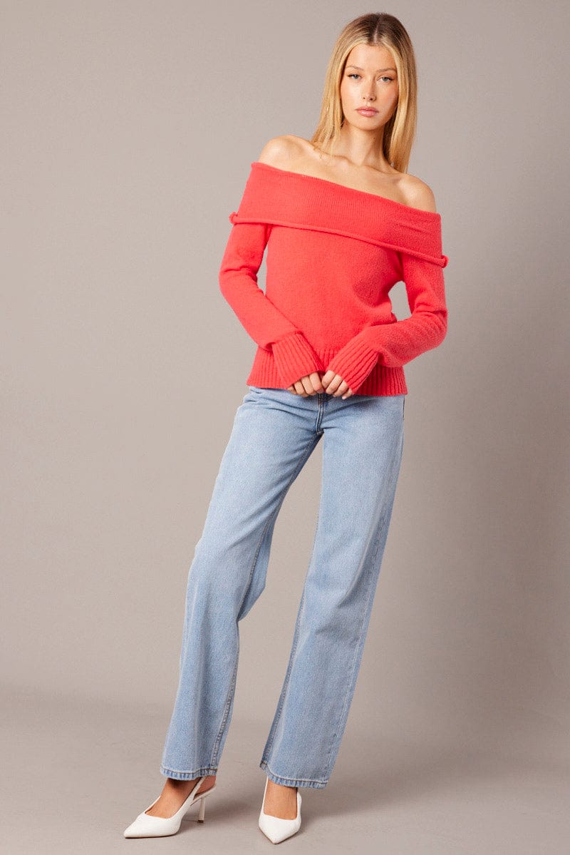 Red Knit Top Long Sleeve Off Shoulder for Ally Fashion