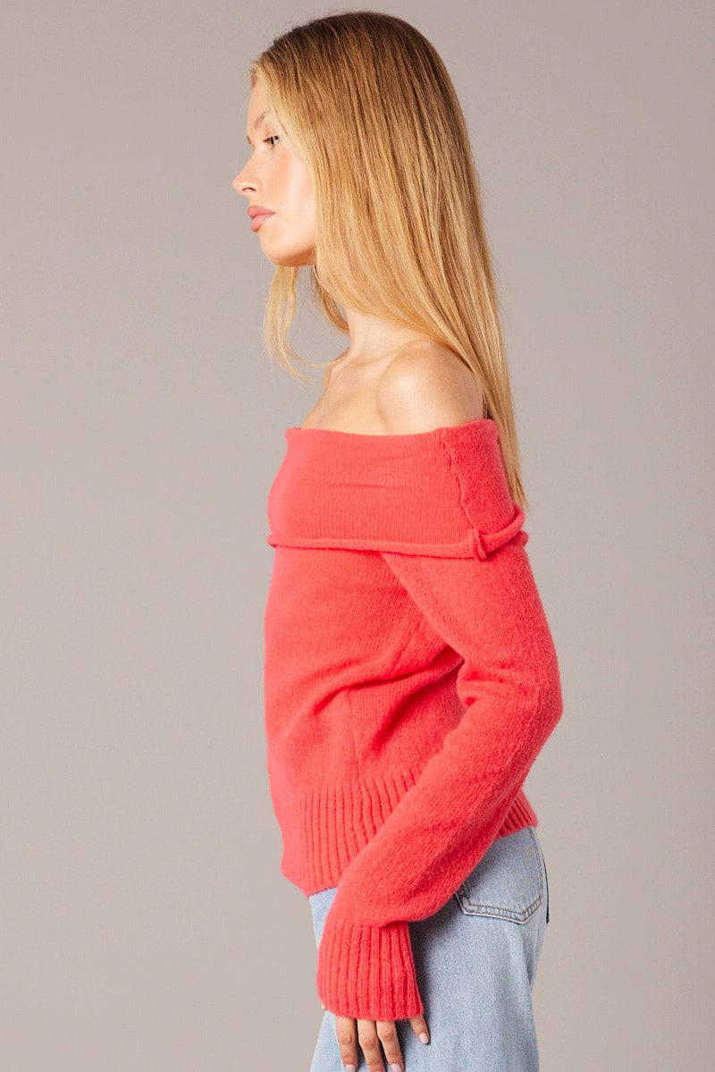 Red Knit Top Long Sleeve Off Shoulder for Ally Fashion