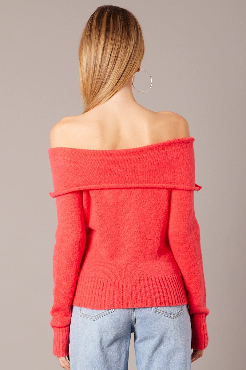 Red Knit Top Long Sleeve Off Shoulder for Ally Fashion