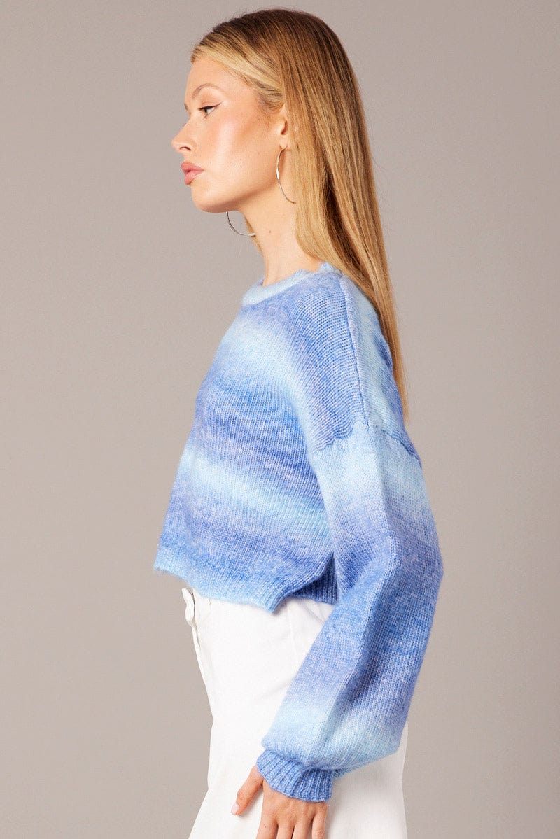 Blue Knit Top Long Sleeve Ombre for Ally Fashion