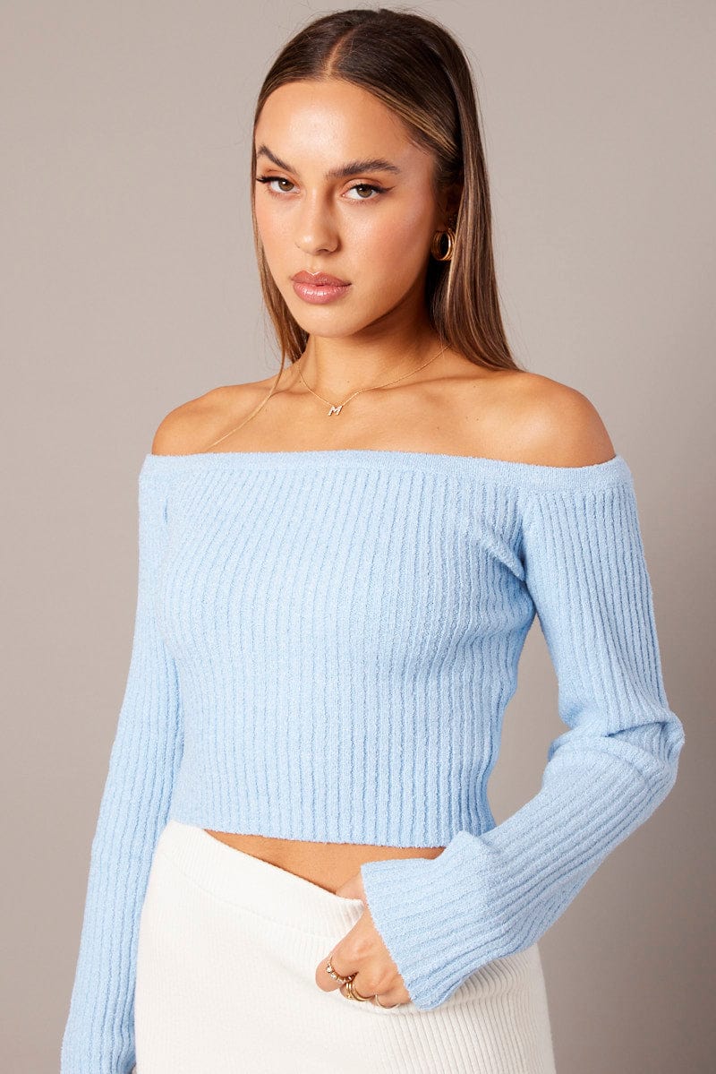 Blue Knit Top Long Sleeve Off Shoulder for Ally Fashion