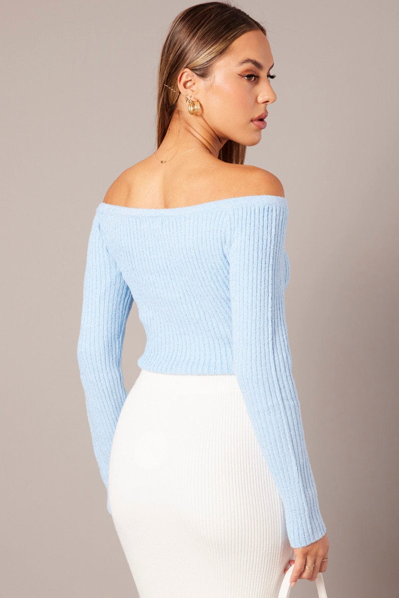 Blue Knit Top Long Sleeve Off Shoulder for Ally Fashion
