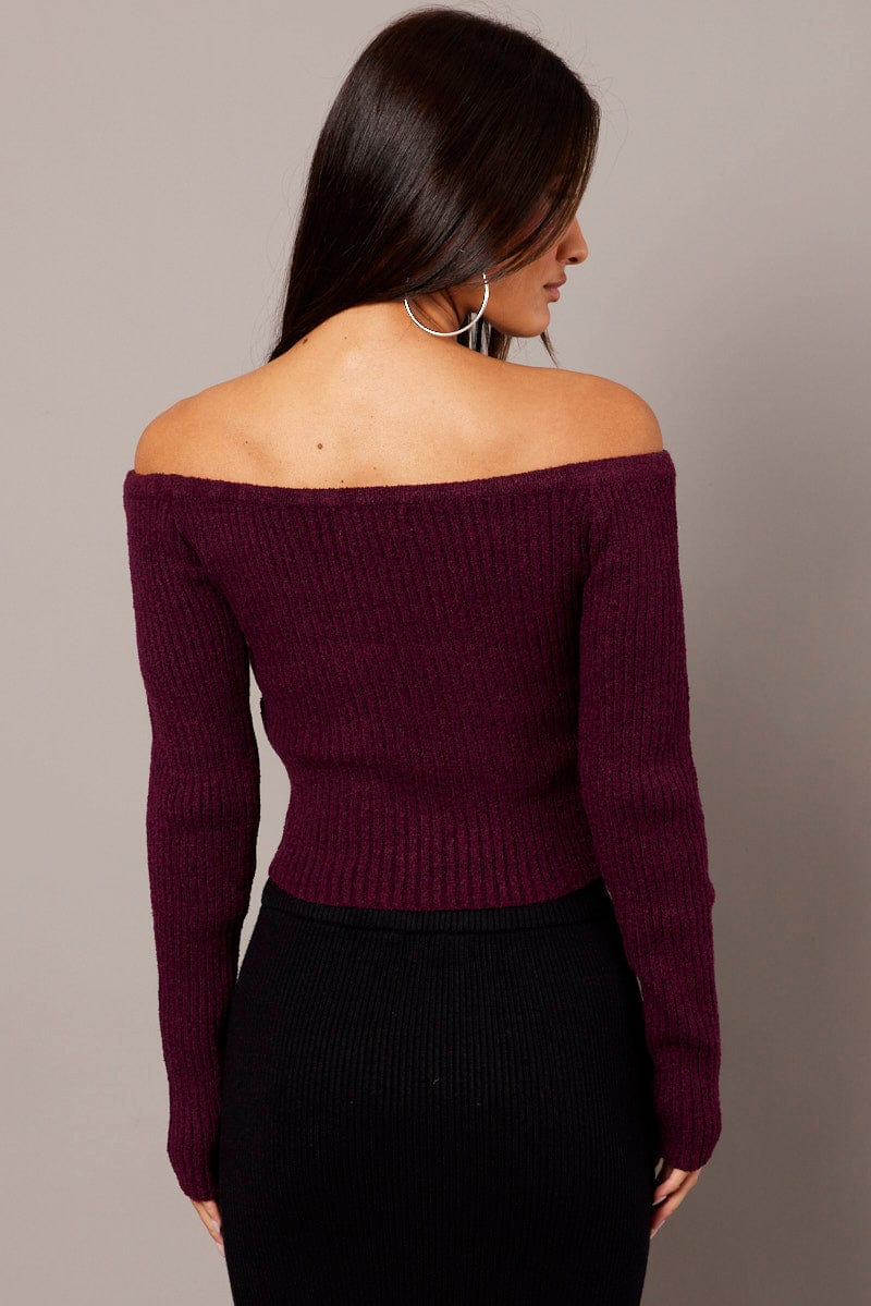 Red Knit Top Long Sleeve Off Shoulder for Ally Fashion