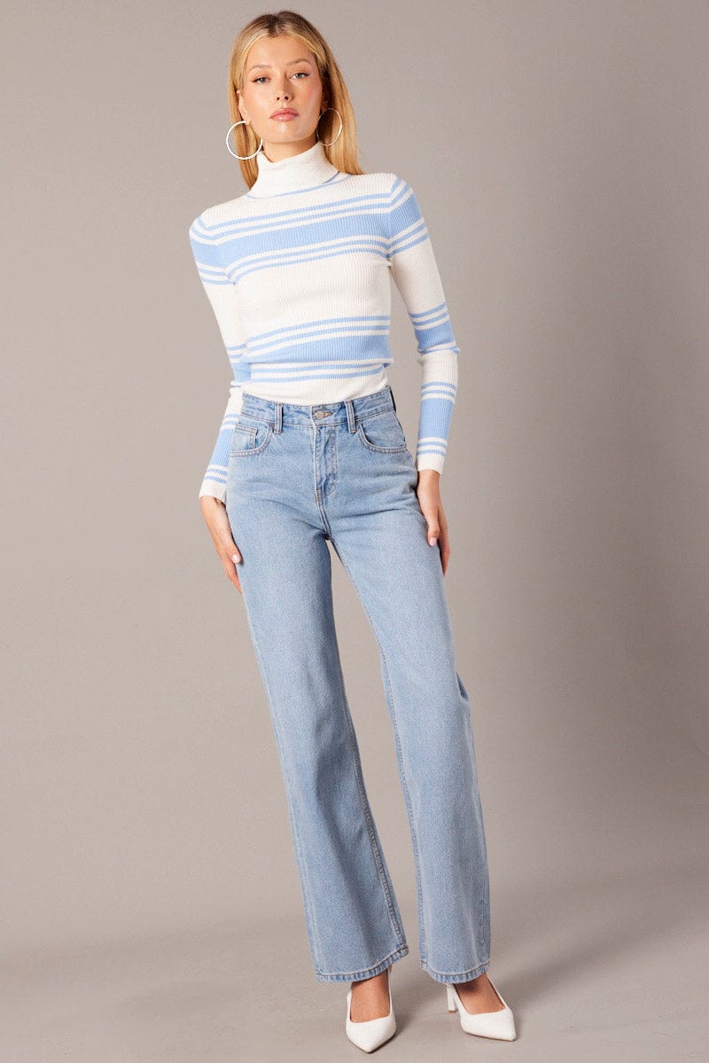 Blue Stripe Knit Top Long Sleeve High Neck for Ally Fashion