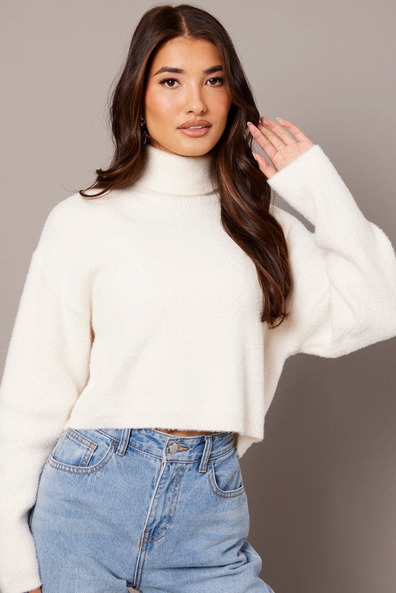 White Knit Top Long Sleeve High Neck Fluffy for Ally Fashion