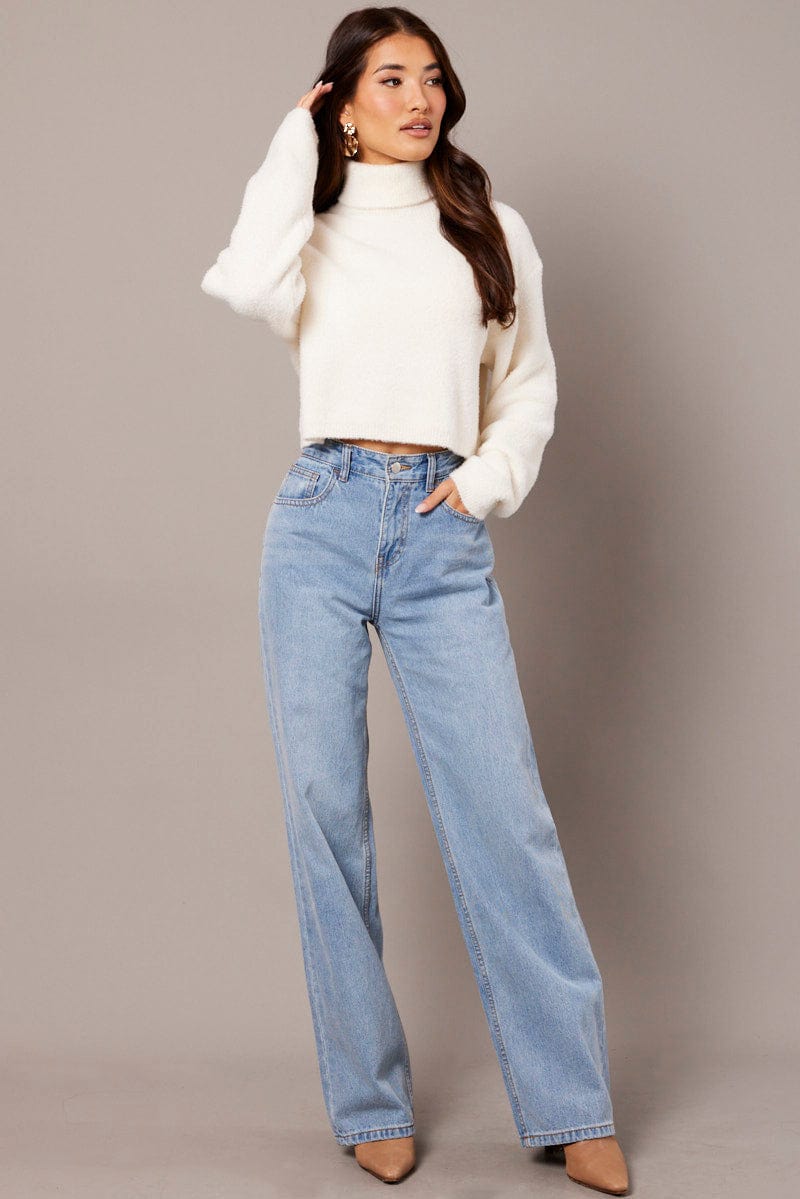 White Knit Top Long Sleeve High Neck Fluffy for Ally Fashion
