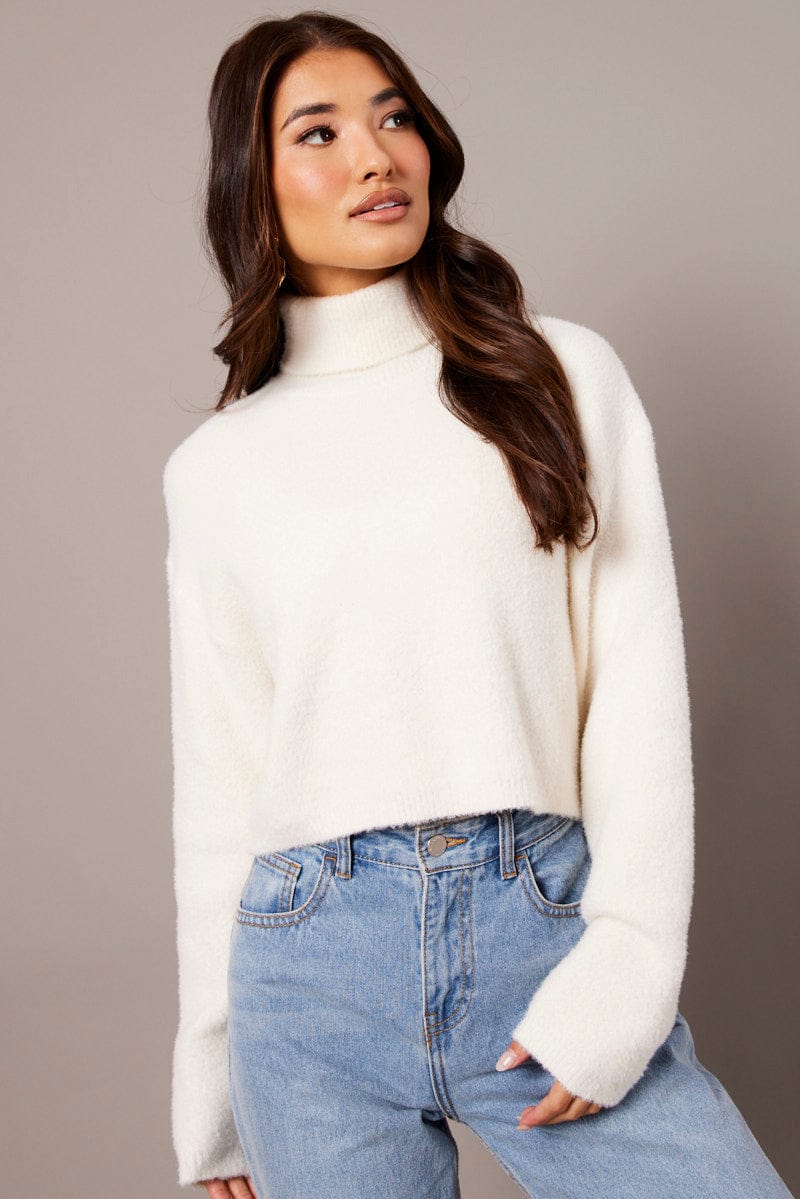 White Knit Top Long Sleeve High Neck Fluffy for Ally Fashion