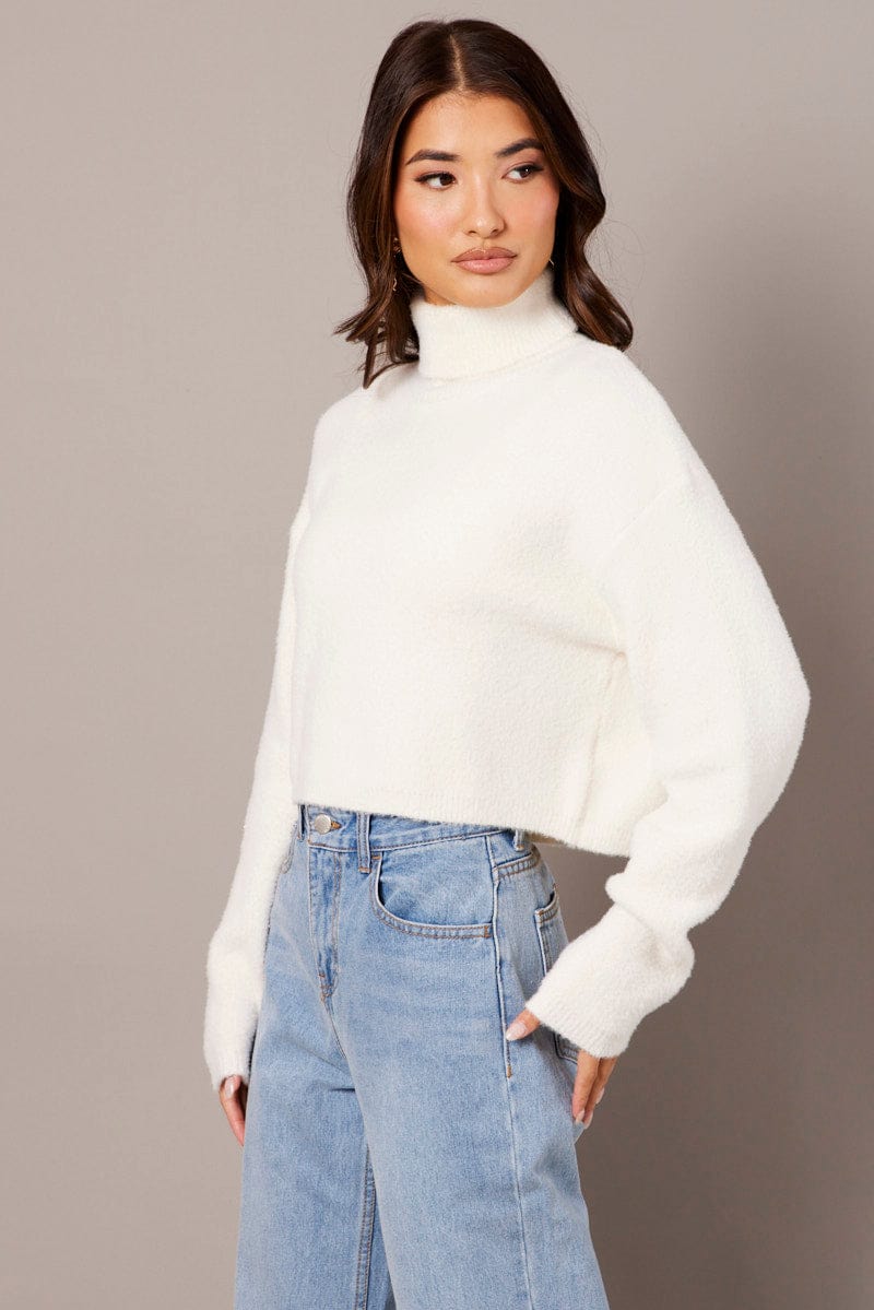 White Knit Top Long Sleeve High Neck Fluffy for Ally Fashion
