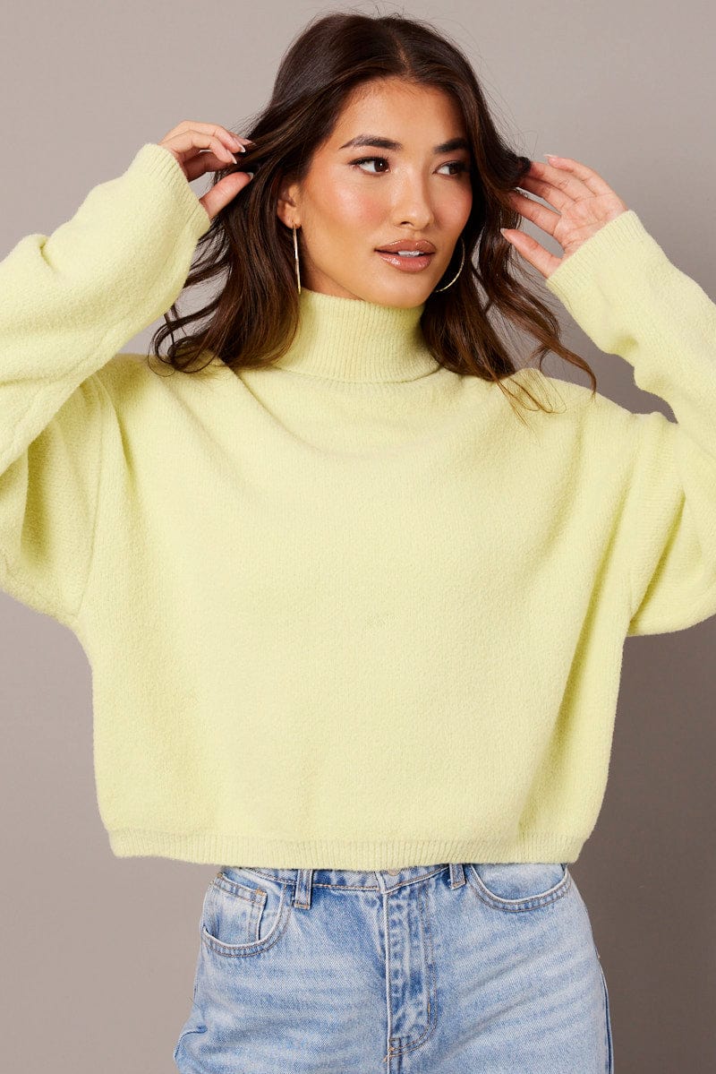 Green Knit Top Long Sleeve High Neck Fluffy for Ally Fashion