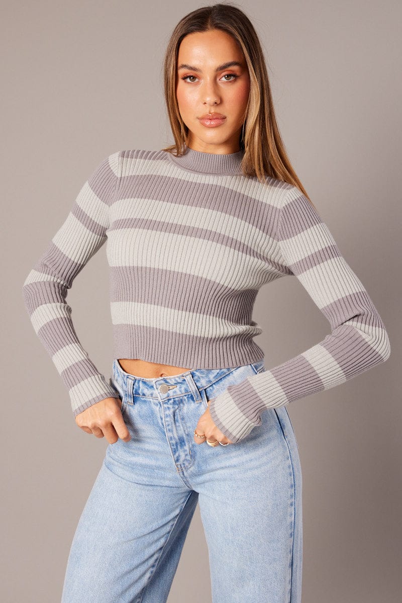 Grey Stripe Knit Top Long Sleeve High Neck for Ally Fashion