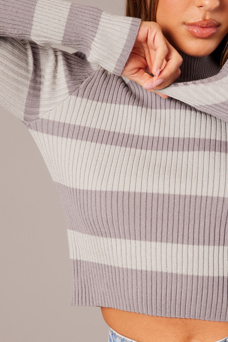 Grey Stripe Knit Top Long Sleeve High Neck for Ally Fashion