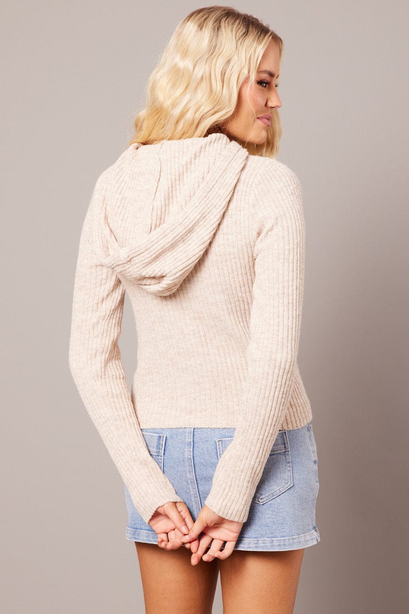 Beige Knit Top Long Sleeve Hoodie for Ally Fashion