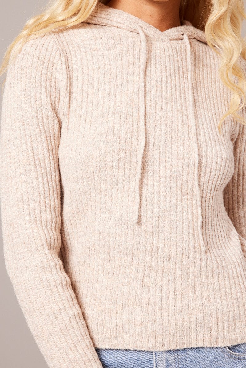 Beige Knit Top Long Sleeve Hoodie for Ally Fashion