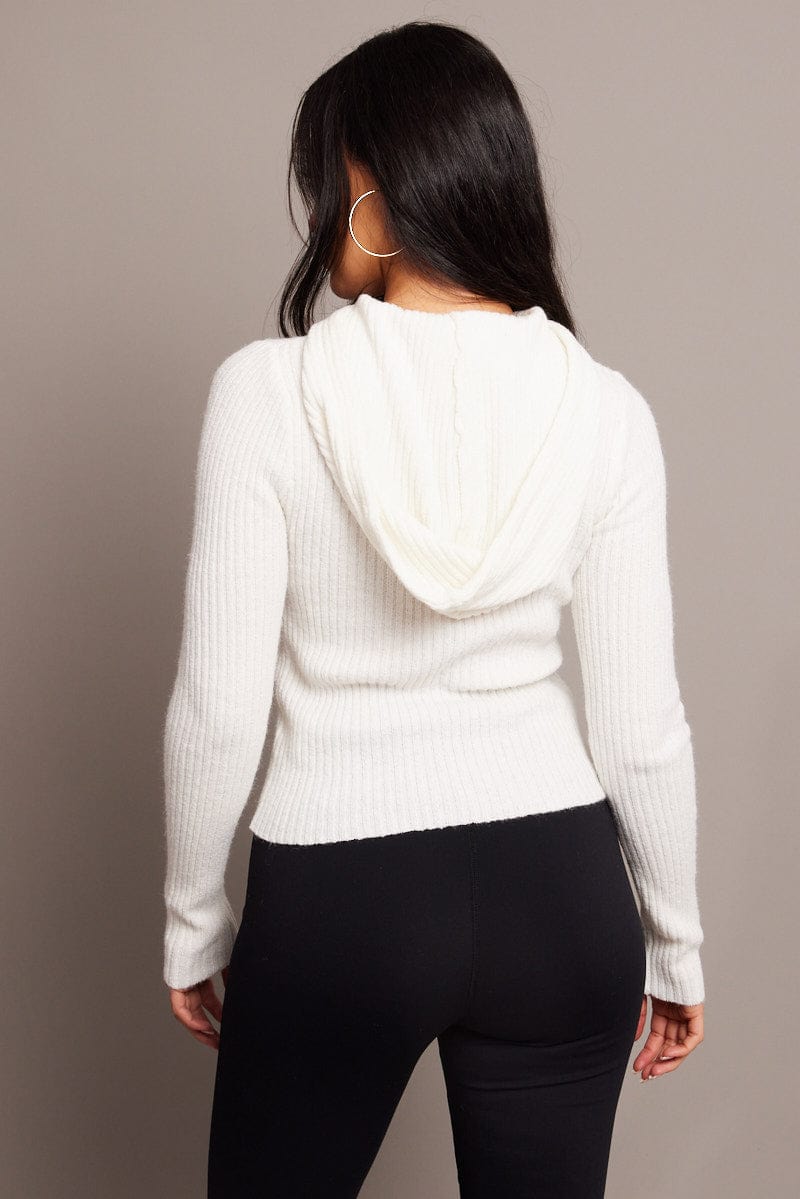 White Knit Top Long Sleeve Hoodie for Ally Fashion