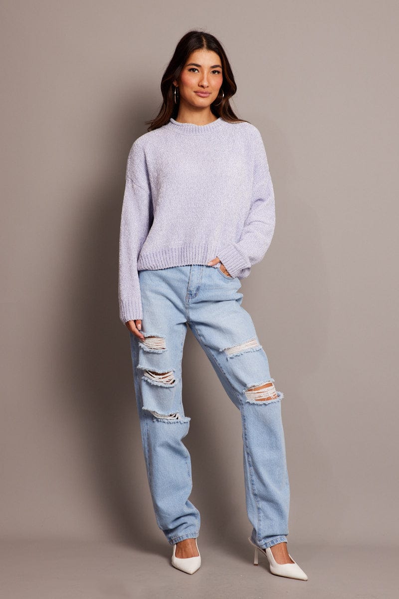 Blue Knit Jumper Long Sleeve Chenille for Ally Fashion