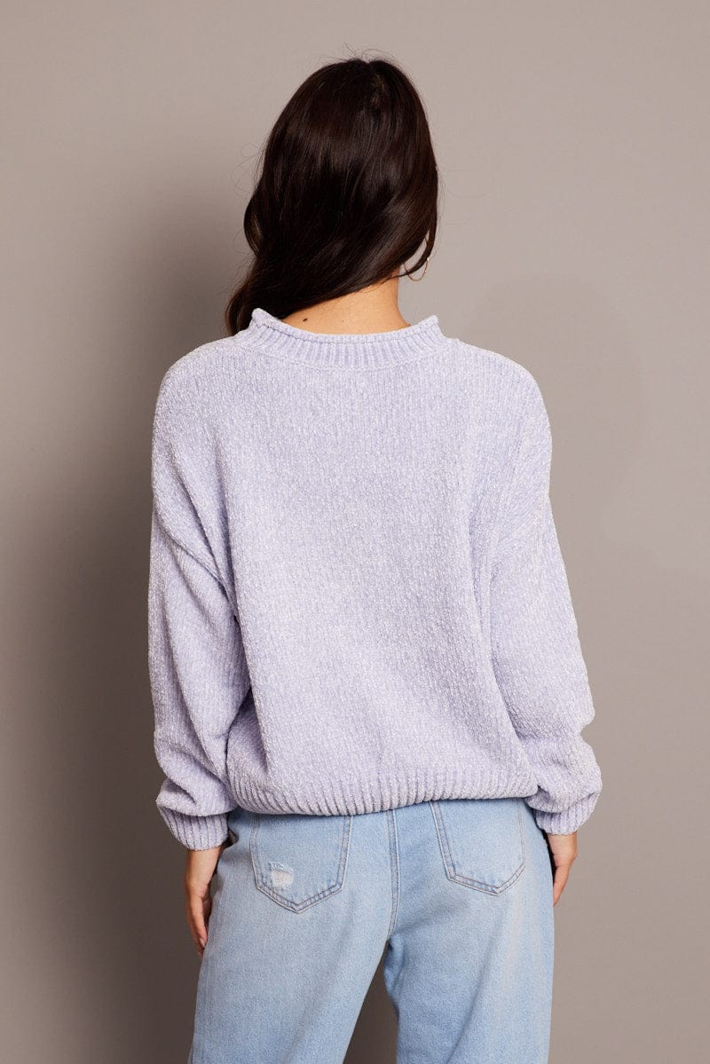 Blue Knit Jumper Long Sleeve Chenille for Ally Fashion