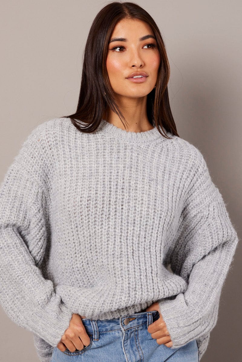 Grey Knit Top Long Sleeve Chunky for Ally Fashion