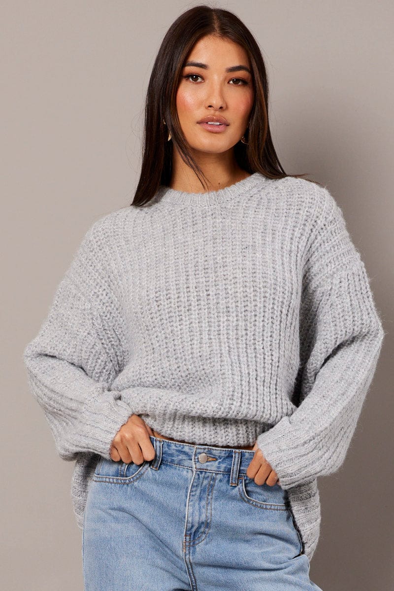 Grey Knit Top Long Sleeve Chunky for Ally Fashion