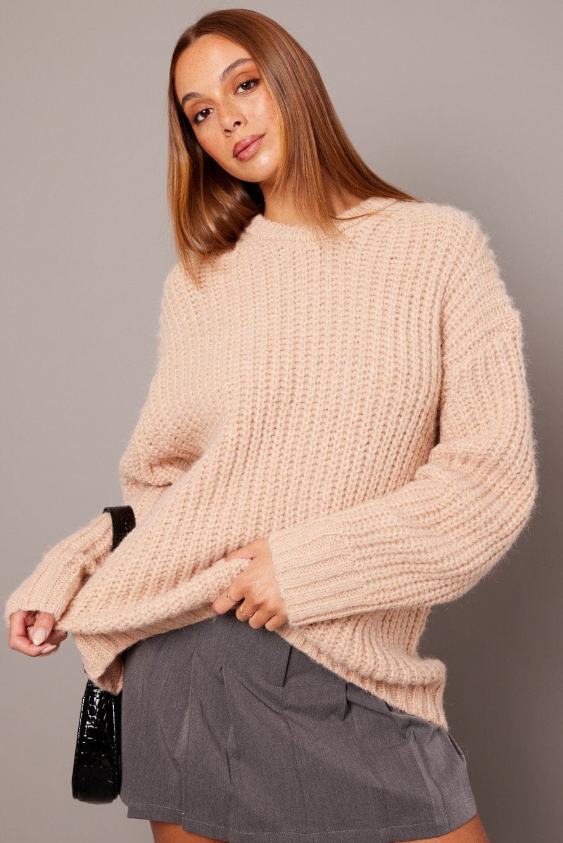 Beige Knit Top Long Sleeve Chunky for Ally Fashion