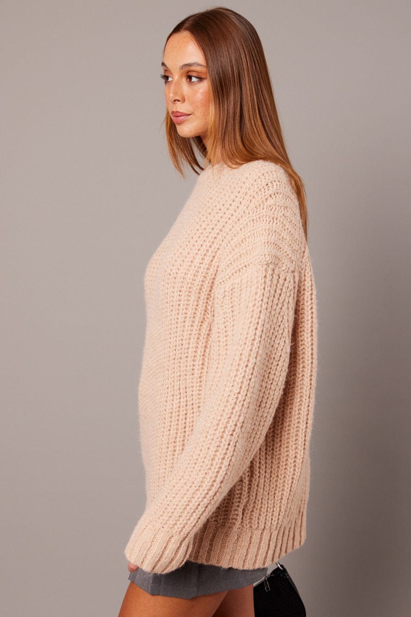 Beige Knit Top Long Sleeve Chunky for Ally Fashion