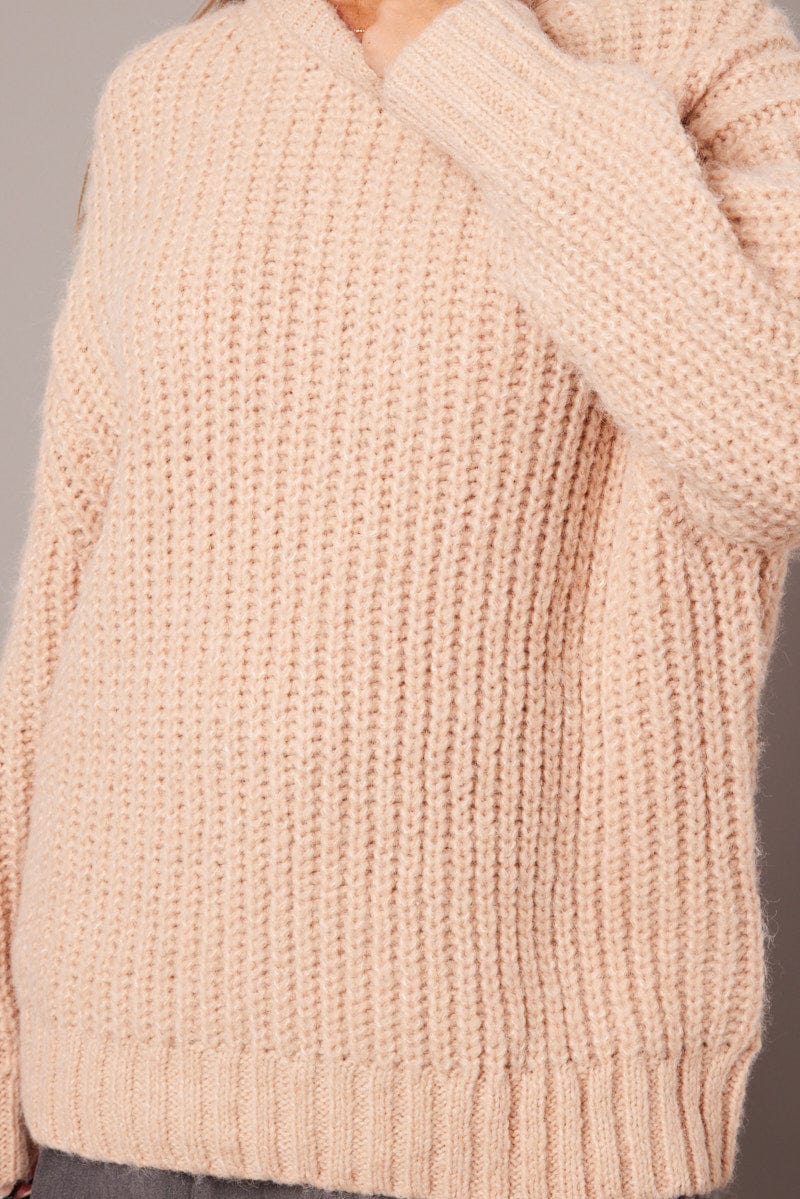 Beige Knit Top Long Sleeve Chunky for Ally Fashion