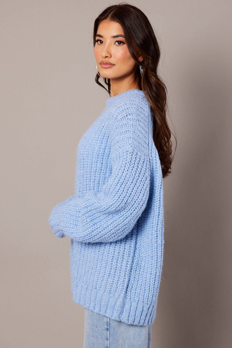 Blue Knit Top Long Sleeve Chunky for Ally Fashion