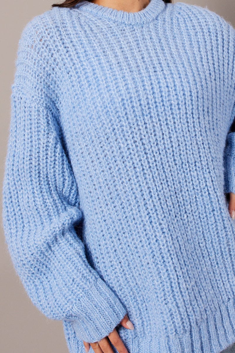 Blue Knit Top Long Sleeve Chunky for Ally Fashion
