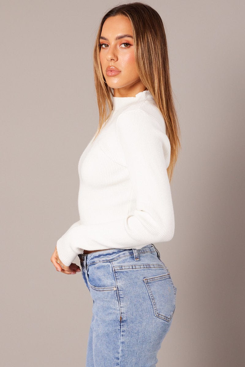 White Knit Top Long Sleeve Funnel Neck for Ally Fashion