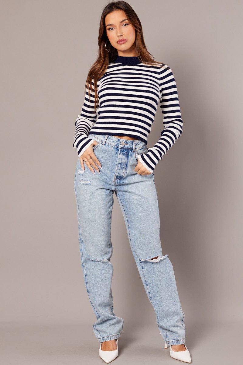 Blue Stripe Knit Top Long Sleeve Funnel Neck for Ally Fashion