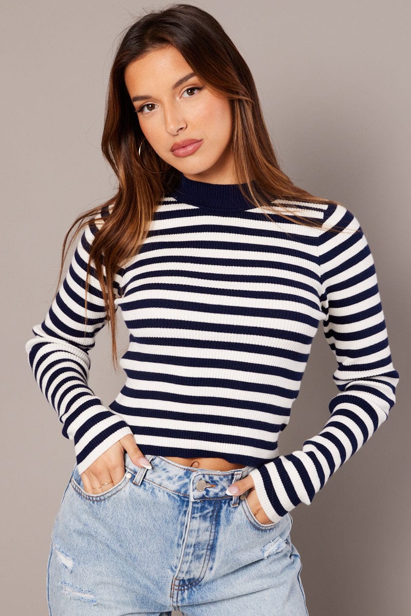 Blue Stripe Knit Top Long Sleeve Funnel Neck for Ally Fashion